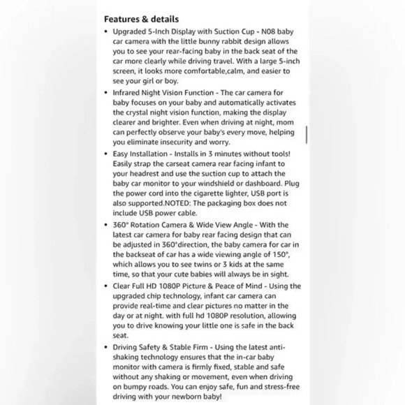 Baby Car Camera 5" Screen HD 1080P Clear Picture USB 360° Rotation Night Vision - Picture 3 of 6